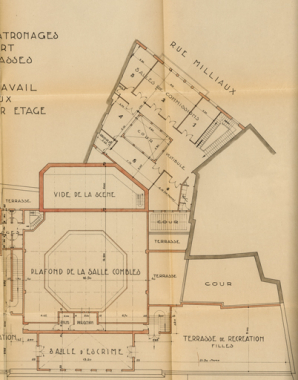 Projet d’aménagement d’une maison du peuple et d’une bourse du travail. 6. Salle des fêtes et patronages rue Joubert, plan des terrasses. Bourse du travail rue Milliaux, plan du premier étage. [Détail : la bourse du travail]. 5 octobre 1936. © Région Bourgogne-Franche-Comté, Inventaire du patrimoine