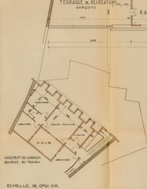 Projet d’aménagement d’une maison du peuple et d’une bourse du travail. 6. Salle des fêtes et patronages rue Joubert, plan des terrasses. Bourse du travail rue Milliaux, plan du premier étage. [Détail : logement du gardien de la bourse du travail]. 5 octobre 1936. © Région Bourgogne-Franche-Comté, Inventaire du patrimoine