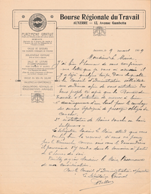 Papier à en-tête de la Bourse régionale du Travail, 9 mars 1909. (Archives municipales, Auxerre : 1 M 9). © Région Bourgogne-Franche-Comté, Inventaire du patrimoine