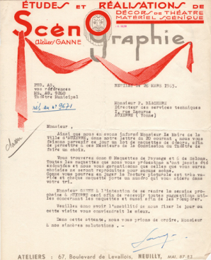 Papier à en-tête de la société La Scéno, de Pierre-Henri Ganne, 26 mars 1963. © Région Bourgogne-Franche-Comté, Inventaire du patrimoine