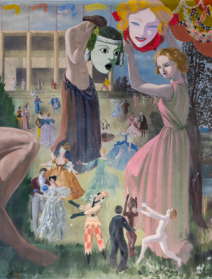 Peinture côté cour : le spectacle (les masques). © Région Bourgogne-Franche-Comté, Inventaire du patrimoine Peinture côté cour : le spectacle (les masques). © Région Bourgogne-Franche-Comté, Inventaire du patrimoine