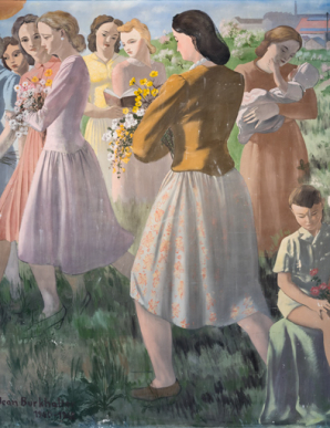 Peinture côté cour : jeunes femmes tenant des brassées de fleurs et jeune mère. © Région Bourgogne-Franche-Comté, Inventaire du patrimoine