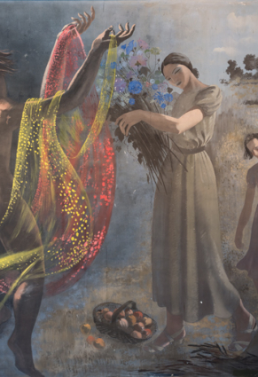 Peinture côté jardin : étoffes des danseuses et femme tenant des fleurs. © Région Bourgogne-Franche-Comté, Inventaire du patrimoine Peinture côté jardin : étoffes des danseuses et femme tenant des fleurs. © Région Bourgogne-Franche-Comté, Inventaire du patrimoine