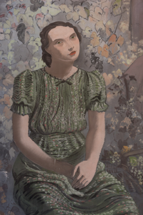 Peinture côté jardin : femme assise dans la scène de vendange (Gaby Burkhalter). © Région Bourgogne-Franche-Comté, Inventaire du patrimoine