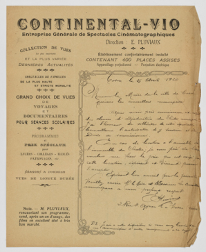 Soumission d'E. Pluviaux pour la location du théâtre, sur papier à en-tête Continental-Vio. 15 avril 1920. © Région Bourgogne-Franche-Comté, Inventaire du patrimoine Soumission d'E. Pluviaux pour la location du théâtre, sur papier à en-tête Continental-Vio. 15 avril 1920. © Région Bourgogne-Franche-Comté, Inventaire du patrimoine