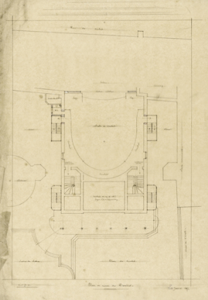 Théâtre. Projet de marquise vitrée et d’escaliers extérieurs. Plan au niveau des Premières. 20 janvier 1897. © Région Bourgogne-Franche-Comté, Inventaire du patrimoine Théâtre. Projet de marquise vitrée et d’escaliers extérieurs. Plan au niveau des Premières. 20 janvier 1897. © Région Bourgogne-Franche-Comté, Inventaire du patrimoine