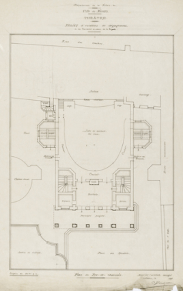 Théâtre. Projet d’escaliers de dégagement et de terrasse en avant de la façade. Plan du Rez-de-chaussée. [Mai-juin] 1897. © Région Bourgogne-Franche-Comté, Inventaire du patrimoine