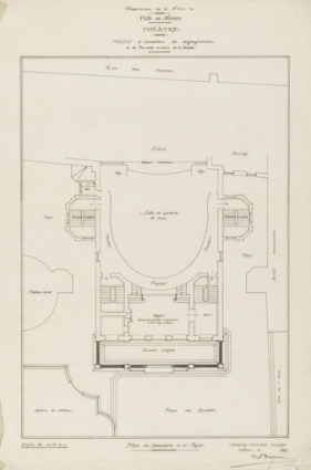 Théâtre. Projet d’escaliers de dégagement et de terrasse en avant de la façade. Plan des Deuxièmes et du Foyer. [Mai-juin] 1897. © Région Bourgogne-Franche-Comté, Inventaire du patrimoine