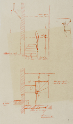 [Croquis de plan et coupe de l’escalier pour le concierge]. S.d. [1898 ?]. © Région Bourgogne-Franche-Comté, Inventaire du patrimoine