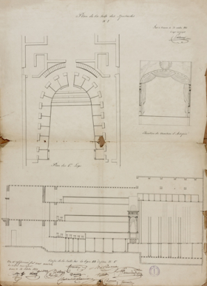 Plan de la salle des spectacles. N° 2. Plan des 1ères loges, Coupe de la salle sur la ligne AB du plan N° 1er [et] Elévation du Manteau d'Arlequin. 23 octobre 1822. © Région Bourgogne-Franche-Comté, Inventaire du patrimoine