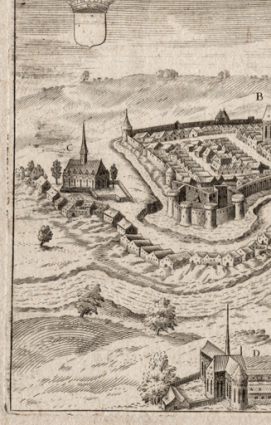 La ville et chasteau de Caune sur Loire [détail de l'église, notée C en haut à gauche]. S.d. [1640]. © Région Bourgogne-Franche-Comté, Inventaire du patrimoine