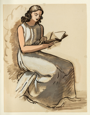Etude préparatoire (dessin) pour la peinture côté cour : femme du couple assis (Gaby Burckhalter). (Musée des Arts naïfs et populaires de Noyers). © Région Bourgogne-Franche-Comté, Inventaire du patrimoine