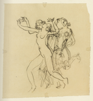 Etude préparatoire (dessin) pour la peinture côté jardin : les danseuses (les Grâces). (Musée des Arts naïfs et populaires de Noyers). © Région Bourgogne-Franche-Comté, Inventaire du patrimoine