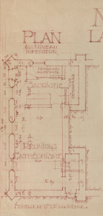 Plan du niveau inférieur de l'église : la sacristie et la salle de catéchisme, 1950.  © Région Bourgogne-Franche-Comté, Inventaire du patrimoine
