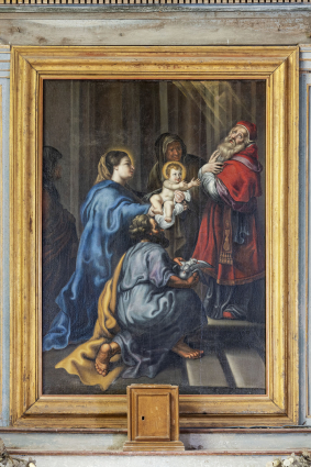 Vue du tableau représentant la Présentation au Temple. © Région Bourgogne-Franche-Comté, Inventaire du patrimoine Vue du tableau représentant la Présentation au Temple. © Région Bourgogne-Franche-Comté, Inventaire du patrimoine