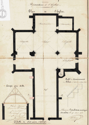 Réparations à l’Église. Plan de l’Église. Coupe sur AB. Profil du couronnement d'un pilier. 1850. © Archives départementales de l’Yonne Réparations à l’Église. Plan de l’Église. Coupe sur AB. Profil du couronnement d'un pilier. 1850. © Archives départementales de l’Yonne