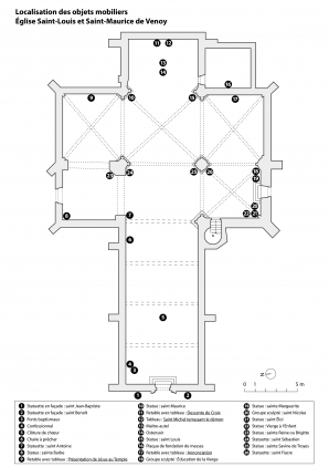 Localisation des objets mobiliers dans l'église. © Région Bourgogne-Franche-Comté, Inventaire du patrimoine Localisation des objets mobiliers dans l'église. © Région Bourgogne-Franche-Comté, Inventaire du patrimoine