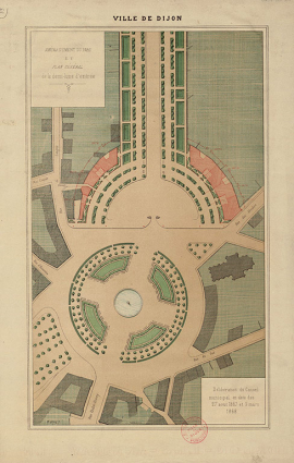 Aménagement du parc et plan général de la demi-lune d'entrée : délibération du Conseil municipal en date des 27 août 1867 et 9 mars 1868. © Bibliothèque municipale, Dijon