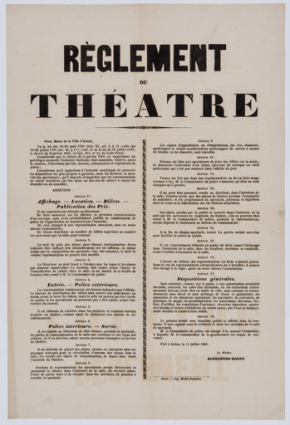 Affiche donnant le règlement de police du théâtre. 11 juillet 1866. © Région Bourgogne-Franche-Comté, Inventaire du patrimoine