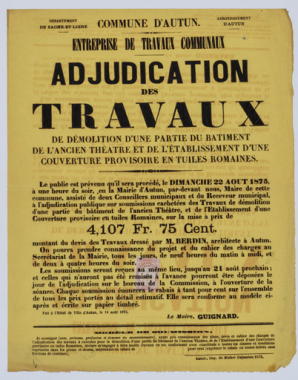 Affiche annonçant l'adjudication des travaux de démolition d'une partie du théâtre. 14 août 1875.  © Région Bourgogne-Franche-Comté, Inventaire du patrimoine