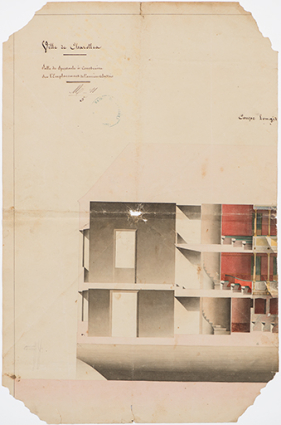 Ville de Charolles. Salle de spectacle à construire sur l'emplacement de l'ancien abattoir. Coupe longitudinale [fragment : partie gauche]. S.d. [10 mai 1840 ?].  © Région Bourgogne-Franche-Comté, Inventaire du patrimoine