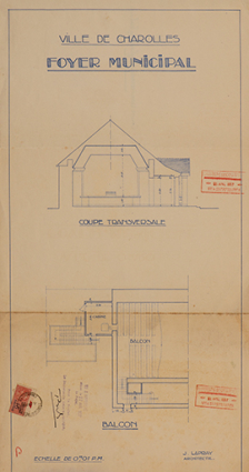 Ville de Charolles. Foyer municipal. Coupe transversale [et] Balcon. S.d. [Visa du 16 avril 1937].  © Région Bourgogne-Franche-Comté, Inventaire du patrimoine