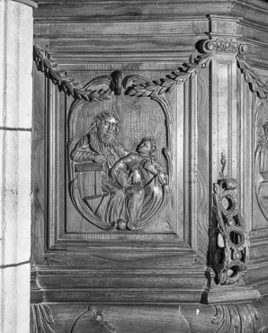 Détail de la cuve : panneau représentant saint Matthieu. © Région Bourgogne-Franche-Comté, Inventaire du patrimoine