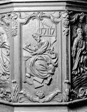 4e panneau de la cuve : saint Luc. © Région Bourgogne-Franche-Comté, Inventaire du patrimoine