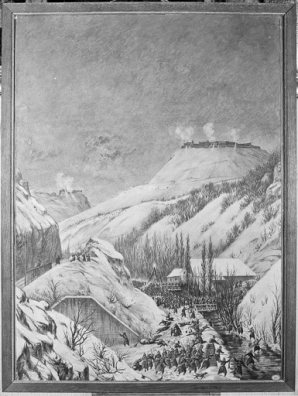 Vallée de Saint-Jospeh, 25-26 janvier 1871. Passage de l'armée du commandant Von Manteuffel : manoeuvre ayant pour but d'encercler l'armée du général Bourbaki se dirigeant sur Pontarlier. © Région Bourgogne-Franche-Comté, Inventaire du patrimoine