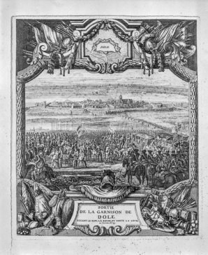"Sortie de la garnison de Dole devant le roi, la reine et toute la cour, le 6 juin 1674". © Région Bourgogne-Franche-Comté, Inventaire du patrimoine