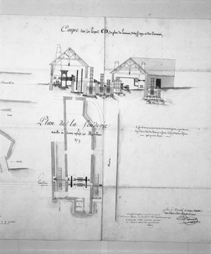 Plan et coupe du haut fourneau et laminoir, plan de la fenderie où sont replacés les moulins (suite du plan). © Région Bourgogne-Franche-Comté, Inventaire du patrimoine