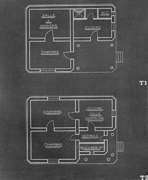 Exemple de constructions dans les années 1930 : plans de maisons T1 et T2. © Région Bourgogne-Franche-Comté, Inventaire du patrimoine