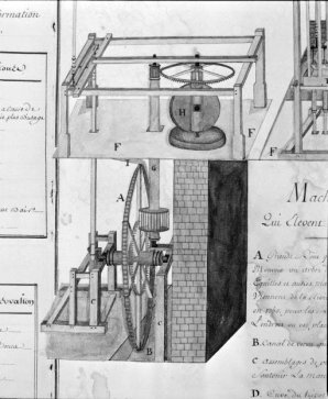 Machines Hidrauliques Qui Elèvent les Eaux de la cuve du Tripot [détail de la roue hydraulique et de la meule verticale]. © Région Bourgogne-Franche-Comté, Inventaire du patrimoine