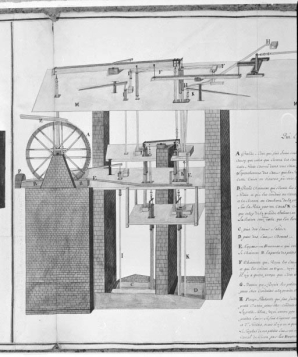 Machines Hidrauliques Qui Elèvent Les Eaux salées et douces du puit à Muÿre [partie gauche du dessin]. © Région Bourgogne-Franche-Comté, Inventaire du patrimoine