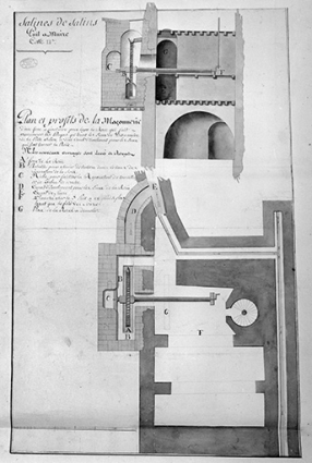Plan et profils de la maçonnerie d'une fosse à construire pour loger la roüe qui fait manoeuvrer les pompes qui tirent les eaux du puit à muire de la Petite Saline [...]. © Région Bourgogne-Franche-Comté, Inventaire du patrimoine