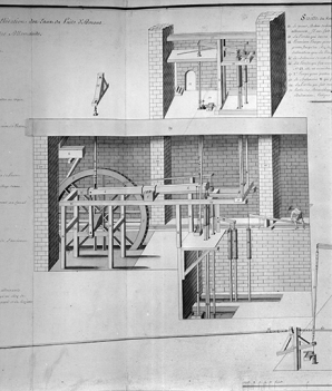 "Machine hidraulique pour l'élévation des eaux du puits d'Amont et des cuves de Pierre et des Allemands" [détail de la roue et des pompes]. © Région Bourgogne-Franche-Comté, Inventaire du patrimoine