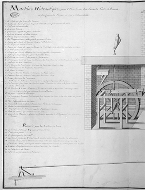 "Machine hidraulique pour l'élévation des eaux du puits d'Amont et des cuves de Pierre et des Allemands" [détail de la roue et de la légende]. © Région Bourgogne-Franche-Comté, Inventaire du patrimoine