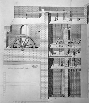 "Machine hidraulique pour l'élévation des eaux salées et douces du Puits à muire de la Petite Saline" [... : détail de la partie gauche]. © Région Bourgogne-Franche-Comté, Inventaire du patrimoine