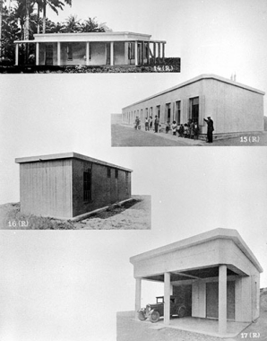 Exemples de constructions dans les années 1930 : Maison de colon à Grand-Bassam (Côte d'Ivoire), Logement d'ouvriers, Vestiaires d'un stade, Garage double avec porche couvert. © Région Bourgogne-Franche-Comté, Inventaire du patrimoine