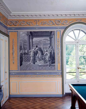 Intérieur : détail du papier peint de la salle du billard. © Région Bourgogne-Franche-Comté, Inventaire du patrimoine