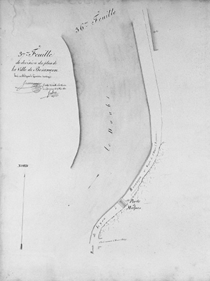 Plan d'alignement, feuille n° 37 : le Doubs et la porte de Malpas. © Région Bourgogne-Franche-Comté, Inventaire du patrimoine