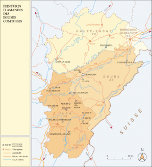 Peintures flamandes des églises comtoises [carte régionale de localisation des églises citées]. © Région Bourgogne-Franche-Comté, Inventaire du patrimoine