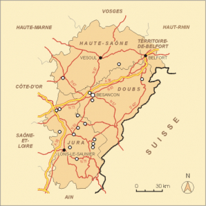 Carte régionale de localisation des églises citées. © Région Bourgogne-Franche-Comté, Inventaire du patrimoine