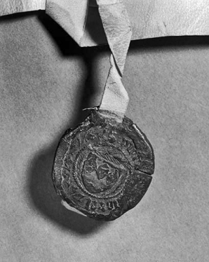 Sceau de l'infirmier Pierre Morel pendu à une charte de 1424. © Région Bourgogne-Franche-Comté, Inventaire du patrimoine