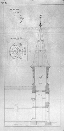 Construction d'un clocher : coupe longitudinale, 1849. © Région Bourgogne-Franche-Comté, Inventaire du patrimoine