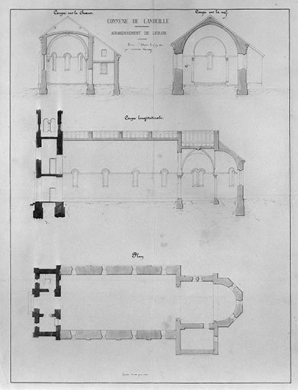 Agrandissement de l'église : plan, coupes longitudinales, sur le choeur et sur la nef, 1864. © Région Bourgogne-Franche-Comté, Inventaire du patrimoine