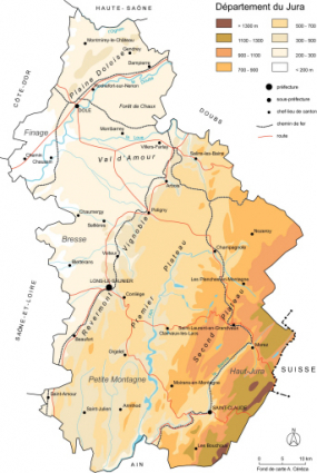 Carte topographique du Jura, avec la préfecture, les sous-préfectures et les chefs-lieux de cantons. © Région Bourgogne-Franche-Comté, Inventaire du patrimoine