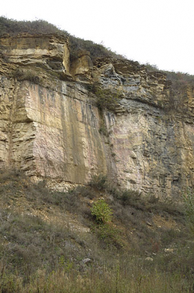 Détail d'un front de taille montrant la coloration de la roche. © Région Bourgogne-Franche-Comté, Inventaire du patrimoine