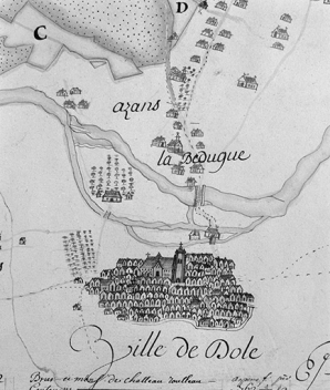 Plan geometrique de la grande forest de Chaux appartenante au Roy despendant de la Maitrise des Eaux et Forest de Dole en Comté de Bourgogne. Détail. Ville de Dole. © Région Bourgogne-Franche-Comté, Inventaire du patrimoine