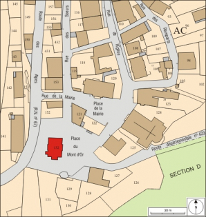 Plan-masse et de situation. Extrait du plan cadastral, 2008, section AC, échelle 1:1 000.  © Région Bourgogne-Franche-Comté, Inventaire du patrimoine